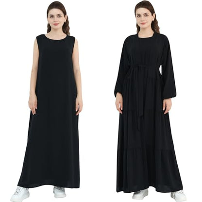 Women Muslim Abaya Dress 2PCS Soft Flowing Cardigan Dress Set Islamic Dubai Modest Kaftan Prayer Robe - color: Black, size: Small