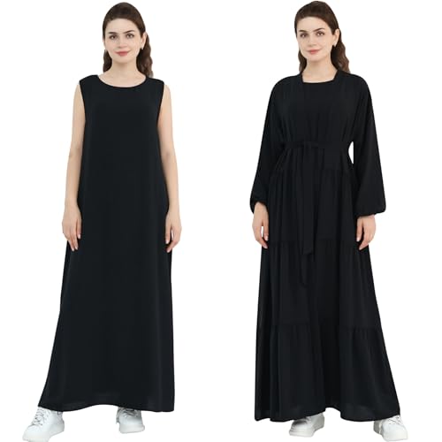 Women Muslim Abaya Dress 2PCS Soft Flowing Cardigan Dress Set Islamic Dubai Modest Kaftan Prayer Robe - color: Black, size: Large