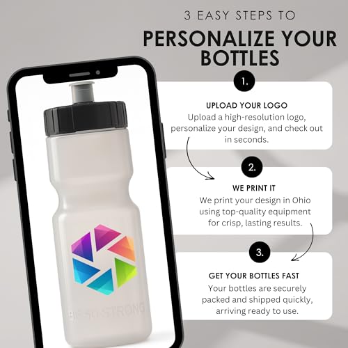50 Strong | Custom Water Bottles, 24-Pack, 22 oz, Personalized, Logo Ready - color: Custom