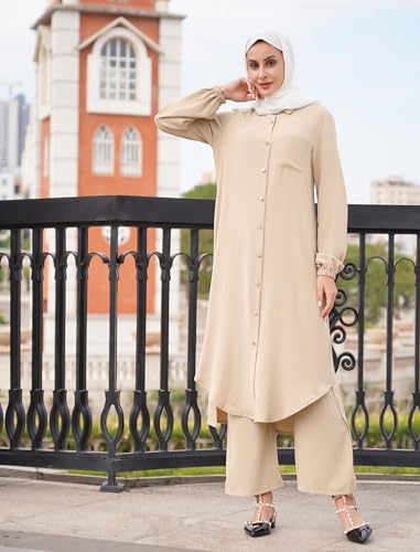 ODIZLI Women's Muslim 2 Pieces Sets Long Sleeve Button Down Shirt and Pants Abaya Casual Dress Dubai Outfits - color: Champagne, size: 5X-Large