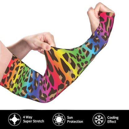 Cooling Arm Sleeves Cover Summer Sun Protection Arm Sleeves For Men Women Baseball Cycling Golf Running - color: Rainbow Leopard Print 15