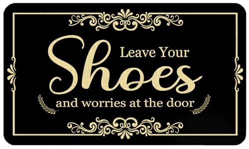 Black and Gold Funny Door Mat, Leave Your Shoes and Worries Doormat Outdoor Indoor Entrance, Funny Welcome Mats for Front Door, 17x30 Inch - color: Leave Shoes