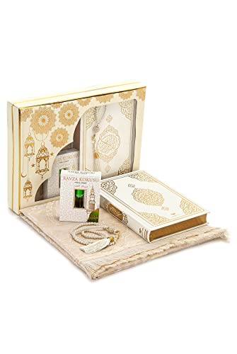 ihvan online Prayer Gift Box for Hajj and Umrah, Muslim Prayer Rug, Islamic Mat, 99 Pearly Prayer Beads Tesbih, Holy Quran, Islamic Deluxe Set for Ramadan & Eid Gift, White/Set 2 - color: White / Set 2