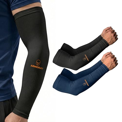 ARMORAY Arm Sleeves for Men and Women - UV Sun Protection Cooling Compression - Tattoo Cover Up Sleeve for Daily Wear & Work - color: Black 1 Pair + Navy 1 Pair (2 Pair)