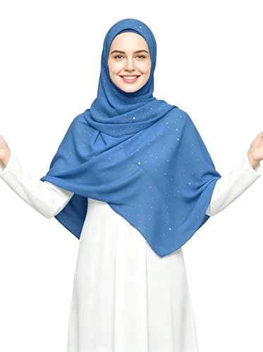 Lina & Lily Sparkle Shimmer Gold Glitter Women's Chiffon Hijab Head Scarf Shawl Wrap Lightweight - color: Indigo Blue