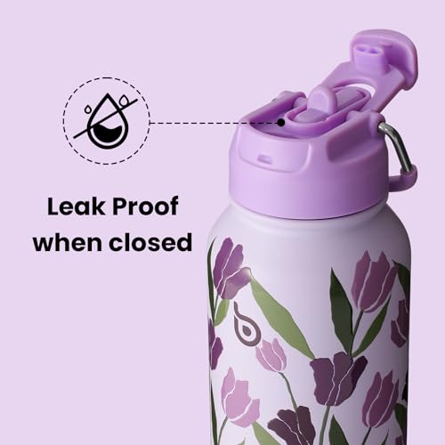 BOTTLE BOTTLE 32oz Insulated Water Bottle with Pill Box | Stainless Steel,Sport Water Bottle, with Straw Dual-use Lid and Pill Box, Design for Gym - color: purple tulips