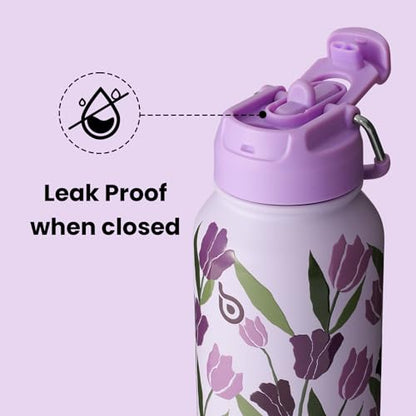 BOTTLE BOTTLE 32oz Insulated Water Bottle with Pill Box | Stainless Steel,Sport Water Bottle, with Straw Dual-use Lid and Pill Box, Design for Gym - color: purple tulips