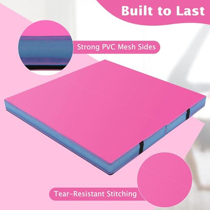 Giantex 4" Thick Folding Gymnastics Mat, 4' x 4' Bio-Folding Exercise Mat with Carry Handles & PU Leather Cover, Gym Home Tumbling Mat for Kids, Yoga, Fitness, Pilates & Martial Arts - color: Pink