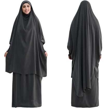Muslim Women Abaya Two Pieces Set Prayer Dress Elasticated Sleeves Islamic Robe Modest Full Cover Prayer Clothes - color: Dark Gray