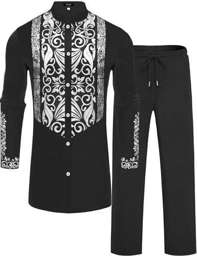 Mens African 2 Piece Sets Dashiki Metallic Traditional Suit Gold Stamp Printed Shirt and Pants Outfit - color: Black Silver, size: Small