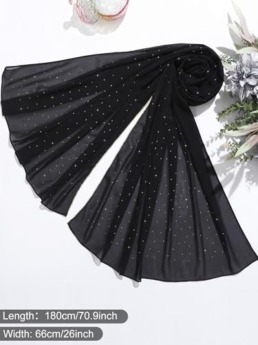 Geyoga Hijab Scarf for Women Soft Chiffon Rhinestone Long Scarf Shawl Fashion Muslim Hijab Head Wrap Scarves - color: Black