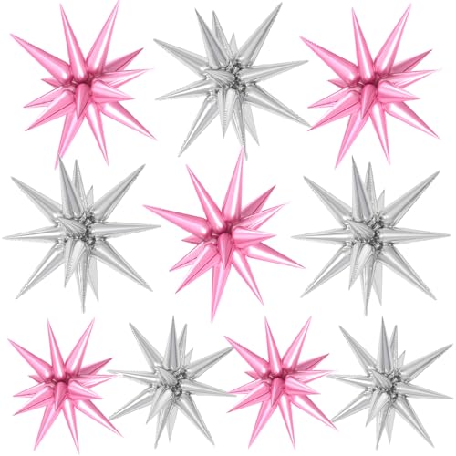 Pink Silver Star Foil Balloons 10 Pcs 22Inch Large Light Pink Silver Spike - color: Pink Silver