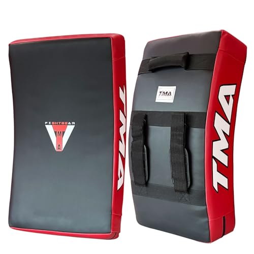 TMA Kick Shield Muay Thai Kickboxing, Heavy Curved Kicking Striking Body Pad, Target MMA Boxing Training, Kickboxing Body Shield, 3 Padded Handles, Karate Kicking Pads, Sparring Sheild - color: Black/Red
