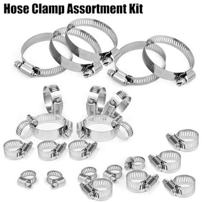 Stainless Steel Hose Clamps Assortment Kit, 25 Pieces Worm Gear Hose Clamp Adjustable 1/4 to 2-1/4in, Fuel Line Clamp for Plumbing, Automotive And Mechanical Applications