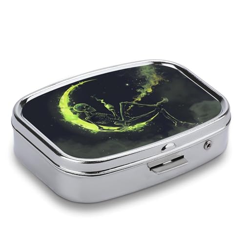 Metal 2 Compartment Pill Organizer Travel Friendly Portable Compact Pill Box Cute Pill Case to Hold Vitamins,Fish Oil,Supplements,Meds,Tablet for Purse,Pocket. (The Skeleton on the Moon) - color: The Skeleton on the Moon