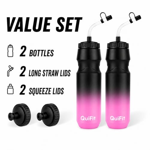 QuiFit Hockey Water Bottle with Long Straw -32oz Lacrosse Water Bottle 2 Pack with 2 Lids Each- BPA Free Squeeze Sports Water Bottles, Leakproof Dishwasher Safe- for Helmet,Lacrosse (Black Pink) - color: Black Pink