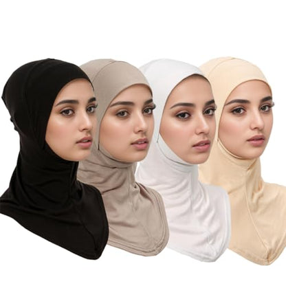 Yeieeo 4PCS Hijab Undercap for Women, No Slip Full Coverage Hijab Inner Cap, Soft Underscarf Breathable Headwear - color: Bk+wt+be+lkq