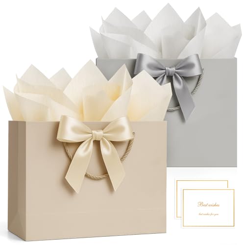 ANZNKU 2PCS Gray & Beige Gift Bags Medium, Gift Wrap Bags with Handles 4 Tissue Paper 2 Ribbons 2 Cards, Wedding Favor Present Bag for Women Graduation Birthday Party Bridal & Baby Shower Engagement - color: Beige+Gray