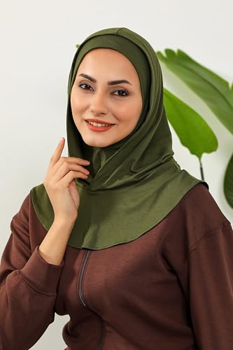 Aisha's Design Full Coverage%95 Cotton Bonnet for Women, Ready-to-Wear Hijab Bonnet Headscarf with Neck Coverage - color: Army Green