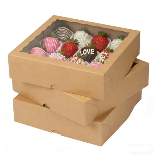 12Pack 9x9x2.5 Inches Kraft Brown Bakery Boxes,Pie Boxes with Clear Window Treat Boxes for Chocolate Strawberries, Pastries, Muffins, Donuts,Cookie,Breakable Heart - color: Brown