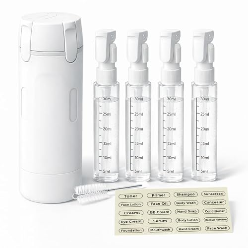 4-in-1 Travel Bottles for Toiletries, Travel Pump Bottle，Leak-Proof Shampoo Conditioner Lotion Dispenser with Pump, Compact No-Spill Toiletry Containers for Travel & Business Trips (White) - color: White