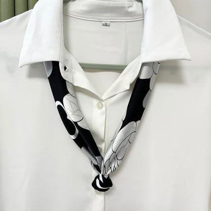 FONYVE Silk Feeling Scarf Medium Square Satin Head Scarf for Women 27.5 × 27.5 inches - color: 03 White & Black Flowers