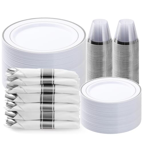 BESTVIP 350PCS Silver Plastic Dinnerware Set, Disposable Party Plates for 50 Guests, Include: 100 Plastic Plates, 50 Pre Rolled Napkins with Silver Silverware, 50 Cups - color: Silver, size: 50 Guests