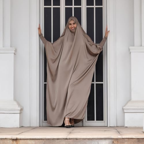 IDOPIP Muslim Abaya for Women One Piece Long Sleeve Islamic Prayer Dress with Hooded Hijab Maxi Kaftan Robe Modest Clothes - color: Light Khaki