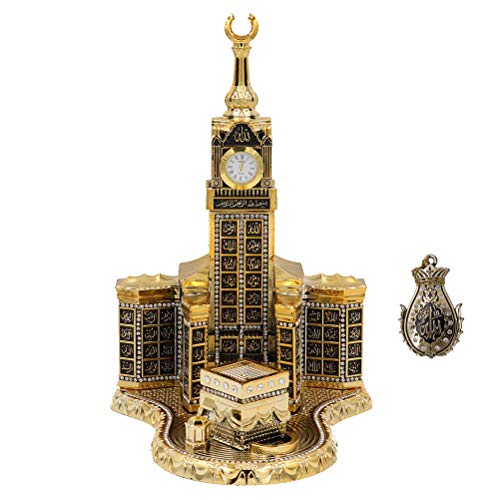 Modefa Islamic Turkish Table Decor Showpiece Gift Sculpture Figure Arabic 99 Names of Allah Kaba Clock Tower Replica Gold - size: Small - 6.7in x 6.7in wide, 10in tall