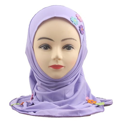 Girls Instant Hijab – Soft Kids Muslim Scarf with Flower, Breathable One-Piece Headscarf for Toddlers Age 2-8 - color: Lavander