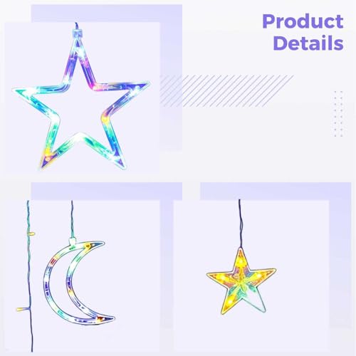 Star Moon Curtain String Light, 120 LED, 11.5 ft / 3.5 m, USB Dimmable with Remote, Multicolor Fairy Icicle Light for Window, Holiday, Party