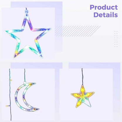 Star Moon Curtain String Light, 120 LED, 11.5 ft / 3.5 m, USB Dimmable with Remote, Multicolor Fairy Icicle Light for Window, Holiday, Party