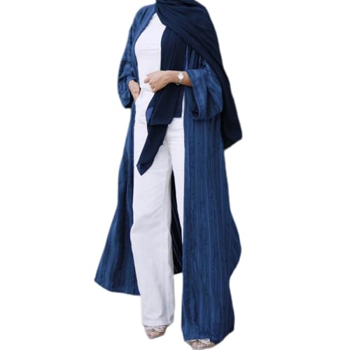 Front Open Abayas for Women Muslim with Hijab Scarf Islamic Prayer Clothes Long Sleeve Muslim Cardigan Dress Dubai Cardi Robe - color: Dark Blue, size: Large