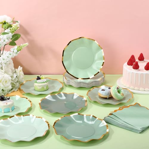 Havawish 48 Pcs Sage Green Scalloped Party Paper Plates and Napkins Cocktail Disposable 8'' Sage Green Dessert Paper Plates with Gold Foil Edge for Baby Shower Dinner Wedding Birthday Party Supplies - color: Sage Green