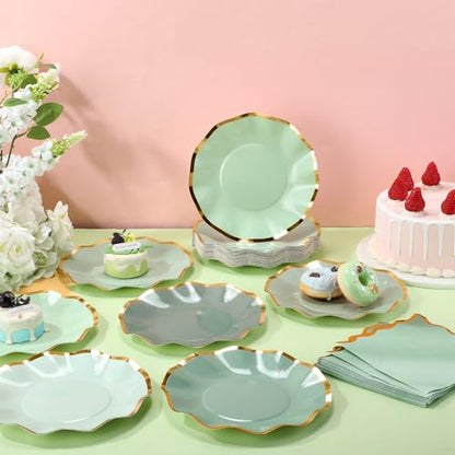 Havawish 48 Pcs Sage Green Scalloped Party Paper Plates and Napkins Cocktail Disposable 8'' Sage Green Dessert Paper Plates with Gold Foil Edge for Baby Shower Dinner Wedding Birthday Party Supplies - color: Sage Green
