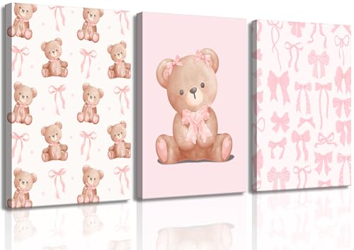 3Pcs Pink Teddy Bear Canvas Wall Art Coquette Bow Wall Decor Pictures Cute Animal Nursery Posters Prints for Baby Girls Room Bedroom Home Decorations - color: Pink Bear, size: 24L"x16W"Canvas