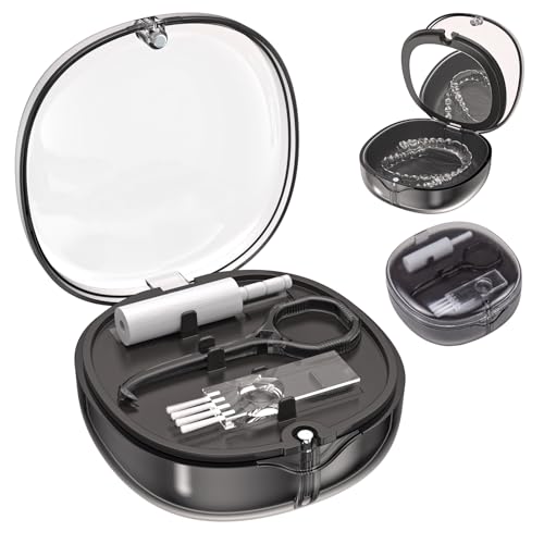 Dental Retainer Box Case Orthodontic Retainer Container with Removal Tool, Chew and Travel Brush, Double-layer Mouth Guard Holder Container Case with Mirror - Transparent Black - color: Transparent Black