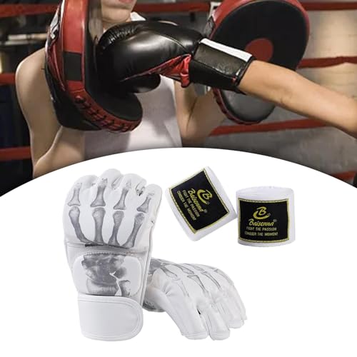 Boxing Gloves Gear Open Palm MMA Half Mitts Lightweight Breathable PU Leather Shock Pad Half Finger Suitable for Adults Men Women Fitness M, White Skeleton