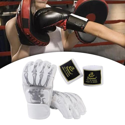 Boxing Gloves Gear Open Palm MMA Half Mitts Lightweight Breathable PU Leather Shock Pad Half Finger Suitable for Adults Men Women Fitness M, White Skeleton