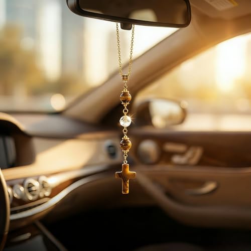 Cross Crystal Hanging Car Charm - Healing Stones Rear View Mirror Decor, Boho Handmade Sun Catcher Ornament with Tiger Eye & Sunflower Amethyst- Meaningful Gift for Women, Friends, Car Lovers - color: Tiger Eye