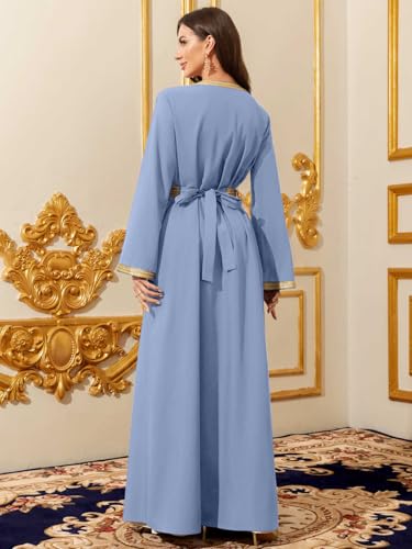 Elegant Muslim Dress with Gold Embroidered Evening Gown, Traditional Islamic Attire - color: Light Blue, size: Large