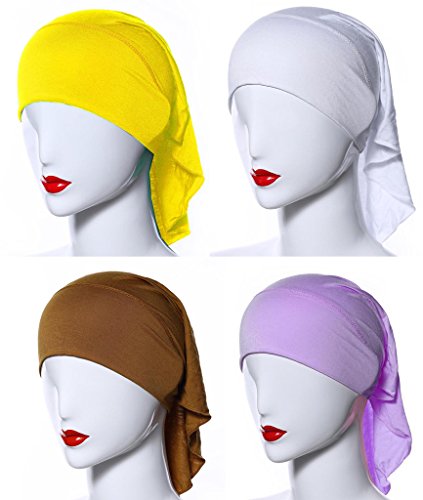 4 X Womens Muslim Mini Inner Hijab Caps Underscarf - color: Yellow+w+camel+lavender