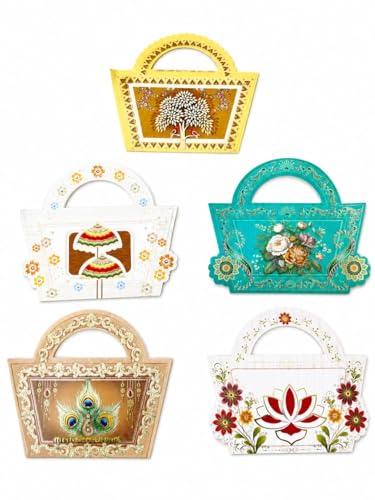 Purse Shape Shagun Envelopes Pack of 5, Designer Money Gift Envelopes for Wedding, Festival, Anniversary and Special Occasions, Decorative Cash Gift Covers for Gifting