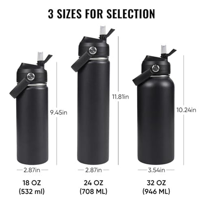 Fijinhom 18oz Insulated Stainless Steel Water Bottle, Wide Mouth Double Wall Vacuum, Silicone Straw, Sweat & Leak Proof, BPA Free Insulated Water Flask for Travel, Keep Cold 24h Hot 12h, Black - color: Black, size: 18 Ounces