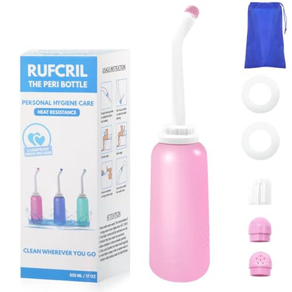 Peri Bottle Postpartum, RUFCRIL 500ml Bidet Bottle, Upside Down Peri Bottle, Boilable TPE, Travel Bag, for Perineal Care, Hemorrhoid Care, Feminine Cleansing & Baby (Pink) - color: Pink