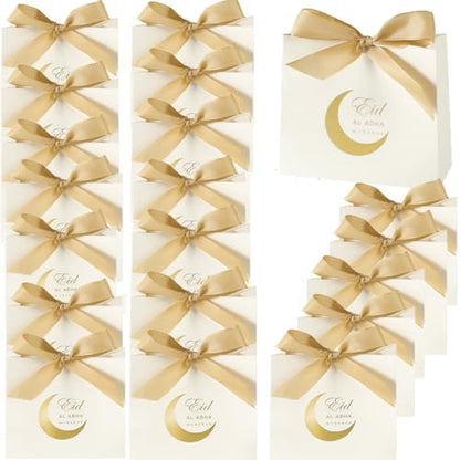 Haozaikeji 20 Pack Eid Party Favor Box, Moon & Castle Pattern, Gold & White, 4.5 x 3.8 Inch, DIY Treat Paper Box with Ribbon Bow, Ideal for Eid Al Fitr Party Supplies - color: gold-moon