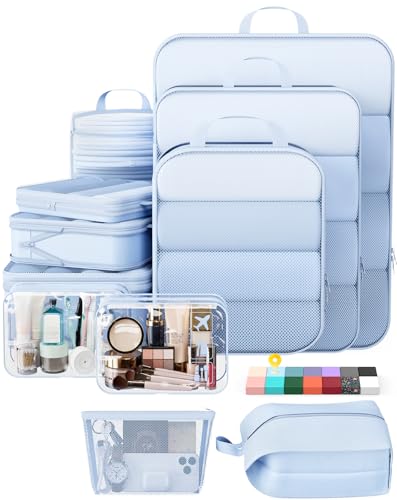 Veken 11 Set Compression Packing Cubes Garment Bags for Travel Essentials,Compressible Expandable Luggage Organizer Bags for Clothing,Space Saver Bags with Over 1000 pcs of Mesh Holes(Light Blue) - color: Light Blue, size: 11 set