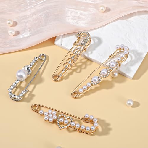 4 PCS Safety Pin Brooch, Faux Crystal Pearl Sweater Pin, Decorative Safety Pins for Clothing Dress Shirt Jeans Decoration