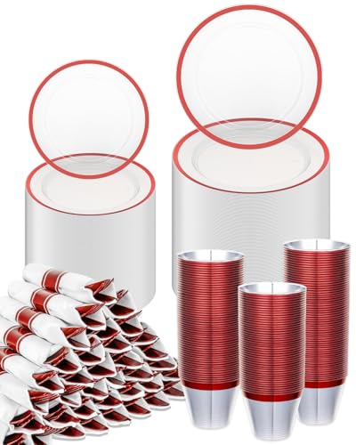 BESTVIP 700 Pcs Clear Red Plastic Dinnerware Set for 100 Guests - color: Red, size: 700