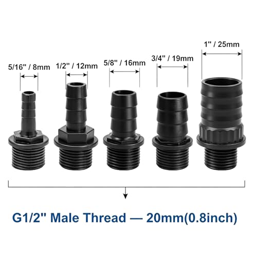 Hose Barb Fitting Set for Submersible Pump, 5PCS G1/2" Male Thread to 5/16" 1/2" 5/8" 3/4" 1" Barb Adapter Kit, PP Plastic Pump Outlet Connector for Pond Fountain Aquarium Hydroponics Water Feature